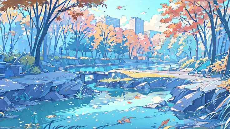 Create a tranquil prairie stream landscape illuminated in autumnal light。There are rocks of all sizes in the river.、The clear water flows quietly。In the background there are lush trees々Spreading、Sunshine Tree々Insert between、Depict a natural landscape with ...