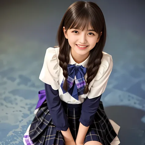 (Highest quality, masterpiece:1.2), Highest quality, High resolution, 1080P, 8k, height: 158cm, Multiple cute girls, (Noble, Japanese 13yo truly-girly-girl is seated on a blue flat floor and smiling directly at me in school uniform, Looking up at me deeply...