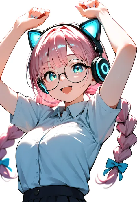 (best quality:1.2), (ultra-detailed:1.2), (2.5D:1.2), (Anime Moe Art Style), 1girl , pink hair, Cyan eyes, gradient eyes, twin braids, blue Glowing cat ear headphones, black round glasses, collared shirt, smile beam, open mouth, white background, face fo...