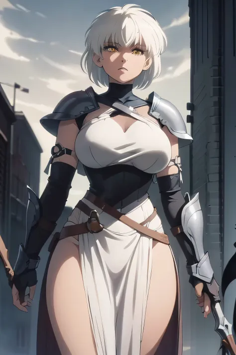 a woman with short white hair, wearing dark light armor, looking at the camera , crying with a sad face, black florist backgroun...