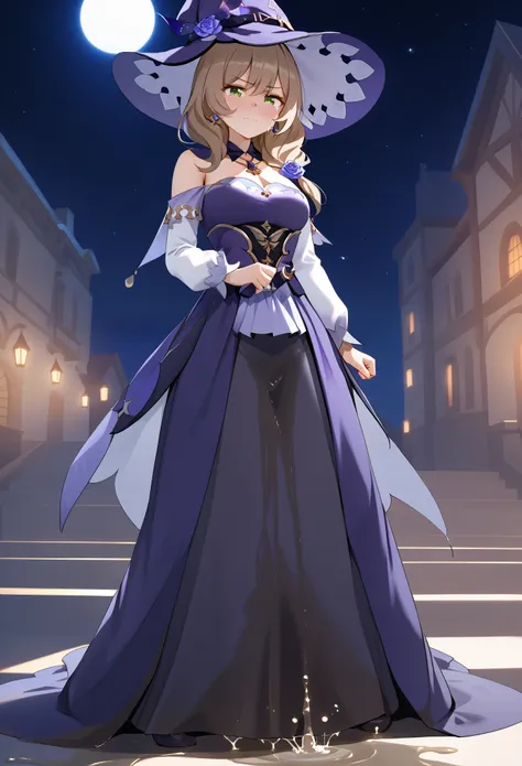 (li sha), 1girl, breasts, lisa (genshin impact), hat, witch hat, green eyes, solo, brown hair, cocktail dress, party dress, (tight skirt:2.0), (long skirt:2.0), pantyhose, purple headwear, earrings, long hair, witch, crown, bangs, hair ornament, extremely ...