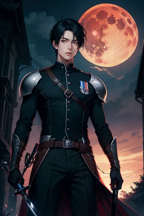 background the dark castle red fullmoon night time handsome guy black hair and eyes short
 hair 
wearing black knight uniform and holding a black sword 