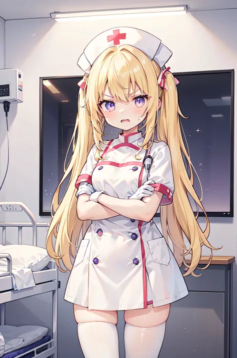 1girl, solo, nurse, nurse cap, white nurse uniform, ((white legwear, zettai ryouiki)), white gloves, twintails, yellow hair, purple eyes, angry, crossed arms, standing, ((hospital room)), sharp outline, short sleeves, best quality, masterpiece