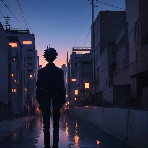 anime boy standing behind on a bridge looking at a night city skyline, tokyo anime scene, anime, anime aesthetic, anime style ci...