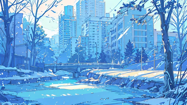 Create a scene of a tranquil meadow with a stream lit by wintery light。There are rocks of all sizes in the river.、The clear water flows quietly。Trees in the background々Spreading、Sunshine Tree々Insert between、Depict a natural landscape with a calm and relaxi...