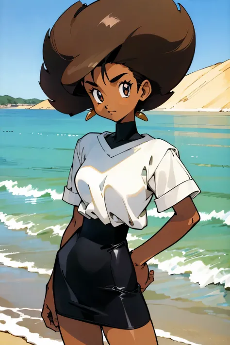 by Ken Sugimori, sugimori 1990s, ((only 1woman)), dark skin, large, jeweler, sand in background, ((hands behind their back)), full black pupils, manga, best quality, highly detailed, clean lines, cowboy shot, good hands, good eyes, hd, 8k, professional, sy...