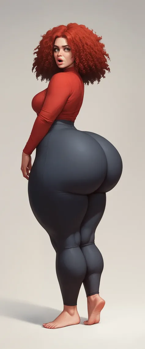 anime milf with Four breasts, massive ass, middle age, curly hair, red hair, frizzy hair, freckles, leggings, spandex, thick thighs, Thicc, extremely bottom-heavy, extremely pear-shaped, absolutely giant ass, 7 feet tall, extremely thick lips, full lips, l...