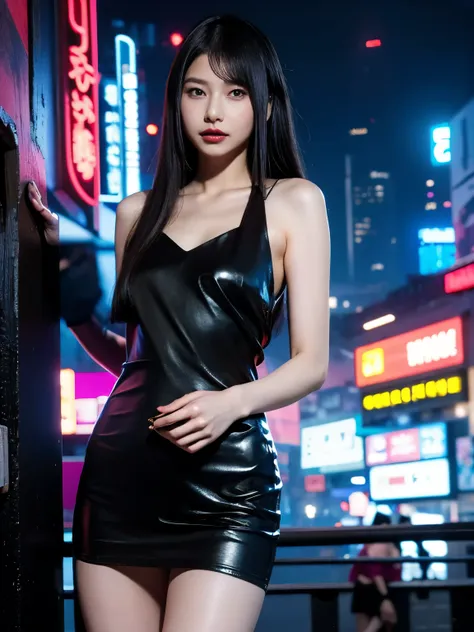 A woman in a black dress posing for a photo, Cyberpunk Dress, A fascinating cyberpunk dark fantasy, Cruel Korean Goth Girl, Succubus in a tight short dress, Trending on cgstation, Cyberpunk Photography, Shiny black dress, Beautiful cyberpunk female model, ...