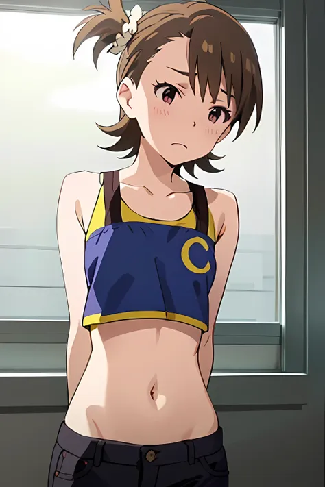 ami futami、blushing、midriff、((pixel-perfect, detail-perfect))、{arms behind back}