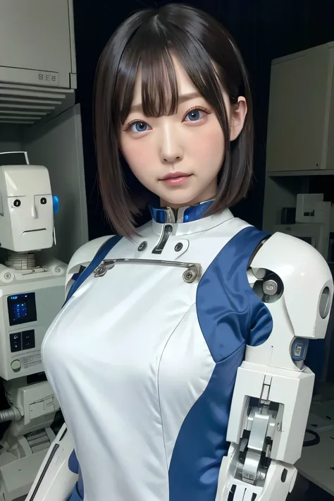 masterpiece, best quality, extremely detailed, Japanese android girl,Plump ,control panels,robot arms,robot,android,cyborg,white robot body,ceramic body,perfect robotgirl,blunt bangs,blue dress,blue eyes,office-lady