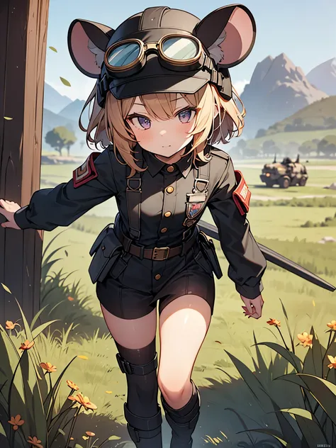 masterpiece, Best Quality, Perfect Face, Highest Resolution, Best Quality,Detailed depiction of the eyes, 8k, RimWorld, ratkin, 1 girl, young, small, Slender body, Mouse Ears, Helmet with goggles, Combat Uniform, battle field