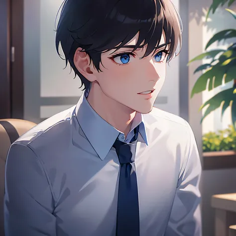 (looking away:1.5),upper body,cheek rest,
shiny skin, masterpiece、Best Quality、(2 male:1.5) and (Black short hair) and (blue eyes), 
(white collared shirt) and (Blue tie)
Sitting、
open mouth,The background is the conference room、(alone:1.5)