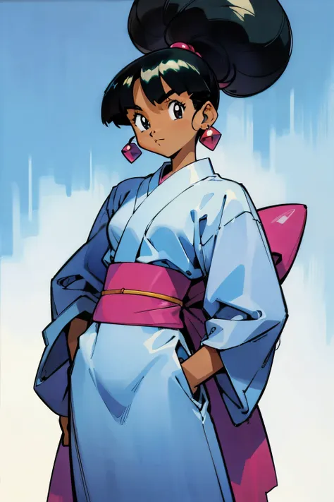 by Ken Sugimori, sugimori 1990s, ((only 1woman)), dark skin, large, jeweler, gems in background, kimono, ((hands behind their back)), full black pupils, manga, best quality, highly detailed, clean lines, cowboy shot, good hands, good eyes, hd, 8k, professi...