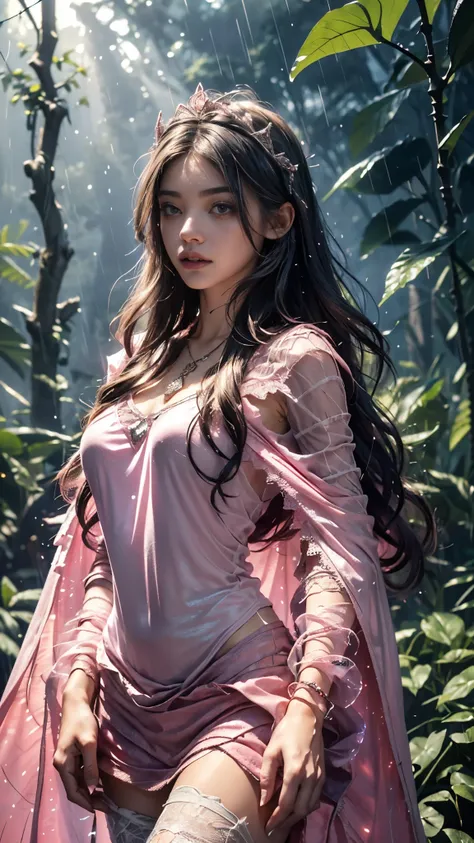 Top quality, masterpiece, ultra high definition, Original photo, 1 Girl, ((mesh sardine)), cinematic lighting, very long hair, detailed eyes, wind, necklace, piercing, ((torn clothing)), ((mesh clothing)), (((pink clothing))), ((soft lace)), ((wavy cape)),...