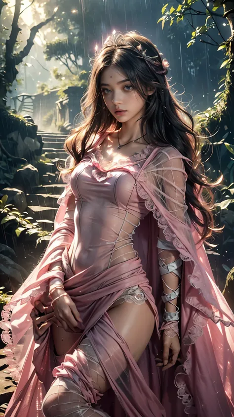 Top quality, masterpiece, ultra high definition, Original photo, 1 Girl, ((mesh sardine)), cinematic lighting, very long hair, detailed eyes, wind, necklace, piercing, ((torn clothing)), ((mesh clothing)), (((pink clothing))), ((soft lace)), ((wavy cape)),...