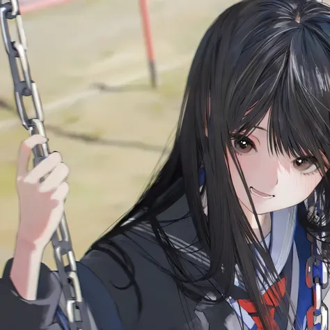 Anime Girl sitting on a swing with long black hair, Beautiful anime high school girl, Cute girl anime vision, ByJin Homura, Anime Girl with long hair, young Anime Girl, Another close-up of Iwakura, Anime Girl, Clean and detailed anime art, an Anime Girl, R...