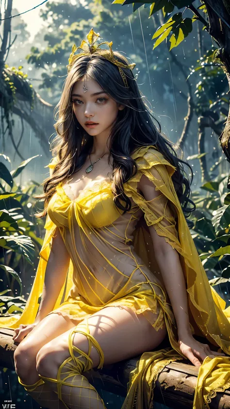 Top quality, masterpiece, ultra high definition, Original photo, 1 Girl, ((mesh sardine)), cinematic lighting, very long hair, detailed eyes, wind, necklace, piercing, ((torn clothing)), ((mesh clothing)), (((yellow clothing))), ((soft lace)), ((wavy cape)...