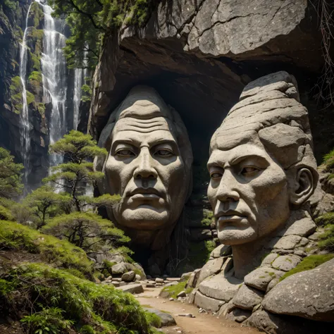 "Masterpiece, best quality, highly detailed, an enormous mountain with two human-like faces carved into its rocky surface. The faces are androgynous and represent timeless guardians of the natural world. These faces are seamlessly integrated into the mount...