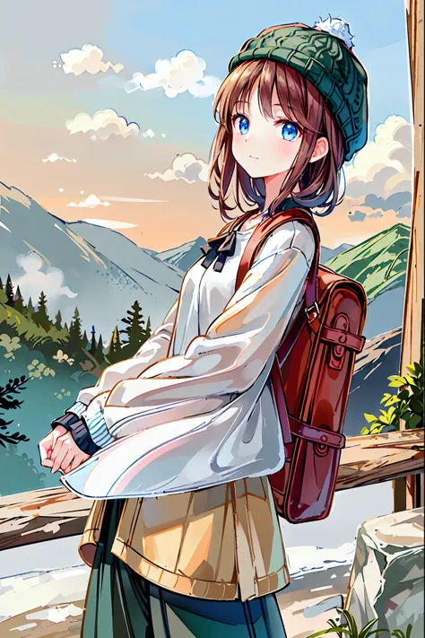 (background, Spectacular mountain views, Blue Sky, White Clouds, snow, winter):1.3,  (Medium Hair, Dark Brown Hair), (Best Quality, Realistic:1.4, masterpiece:1.3, Original photo:1.2, Cinematic Light, Highly detailed illustration), (1 Female:1.3, Alone), (...