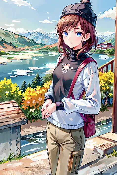 (background, Spectacular mountain views, Blue Sky, White Clouds, snow, winter):1.3,  (Medium Hair, Dark Brown Hair), (Best Quality, Realistic:1.4, masterpiece:1.3, Original photo:1.2, Cinematic Light, Highly detailed illustration), (1 Female:1.3, Alone), (...