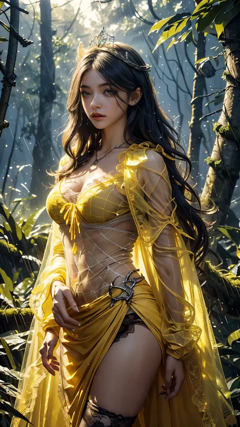 Top quality, masterpiece, ultra high definition, Original photo, 1 Girl, ((mesh sardine)), cinematic lighting, very long hair, detailed eyes, wind, necklace, piercing, ((torn clothing)), ((mesh clothing)), (((yellow clothing))), ((soft lace)), ((wavy cape)...