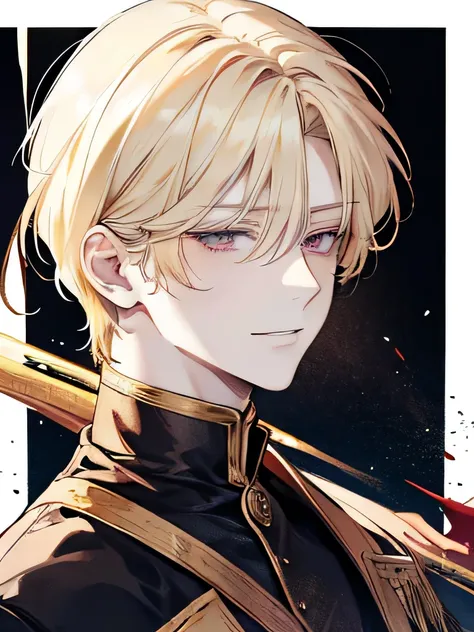alone, Anime drawing of a man with blond hair and red eyes, Clear anime outlines, prayer pose, side parted bangs, medium hair length, Anime portrait of handsome guy, Male anime style, Villain,smiling face