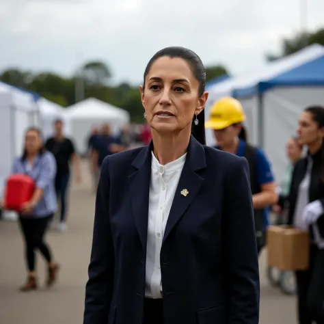 A 60-year-old white woman, with sleek black hair tied in a ponytail, stands elegantly amid a chaotic yet hopeful scene in the wake of a natural disaster. She wears formal clothing, with a tailored jacket and trousers, symbolizing resilience and leadership....