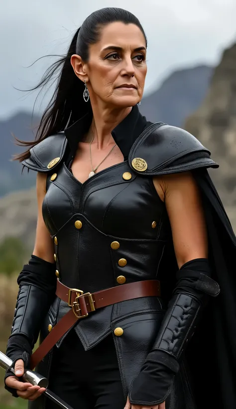 Imagine a 60-year-old woman playing a mature, even more imposing version of Xena., The Warrior Princess. His black leather armor, reinforced with gold metallic details, It shows the wear and tear of countless battles but remains robust and functional., ada...