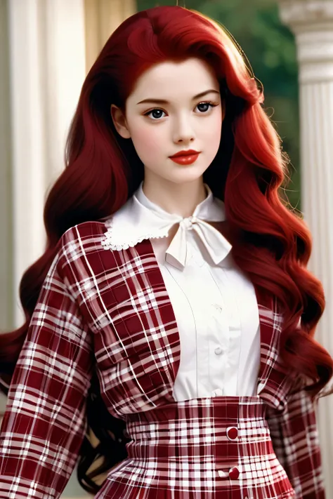 Film still, girl, dark cherry red hair, long wavy hair, pale white skin, 1996 movie, luxury plaid outfit