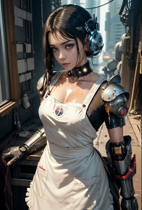 breaking Lily,(The Terrifying Crying Lily:1.1),masterpiece, top quality, awesome, highly detailed CG Unity 8k wallpaper, depth of field, highly detailed, (mecha girl: 1.3), sci-fi battlefield, watching viewer, hawken, smile, short hair, (long black hair, b...