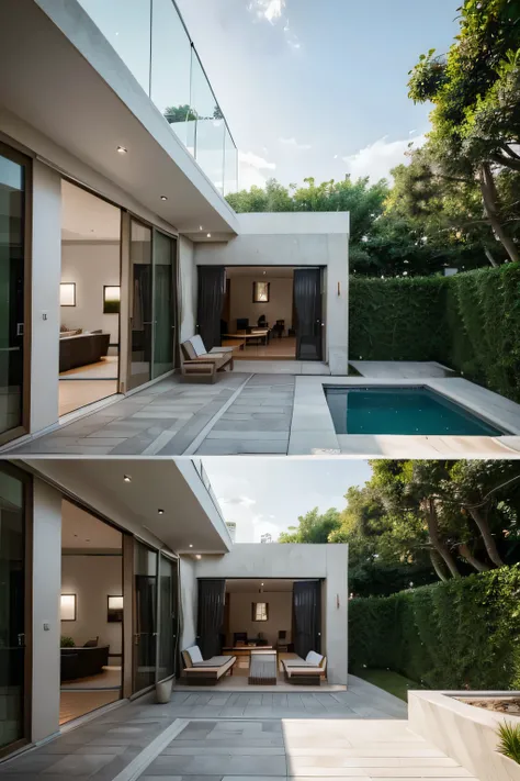 Create a modern living space with minimalist and open architecture, blending seamlessly between nature and comfort. The villa will feature a central swimming pool surrounded by a lush garden, using natural greenery, stone pathways, and small landscaping el...