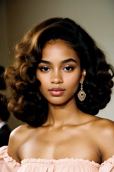  Shoulder length afro hair, 90s blow out hair, small, black eyes, female, thin eyebrows, elegant, round face, soft feminine features, rosy cheeks, plump lips, Beauty marks, elegant, glam makeup, timeline: 1995, majestic, beautiful, , designer clothing, 90s...