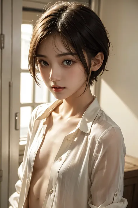 （（Please redeem））、Beauty、Fully open shirt、Super beautiful girl、Seductive lips、An attractive gaze、Erotic short hair、itting、((Flat and small chest、Young face))