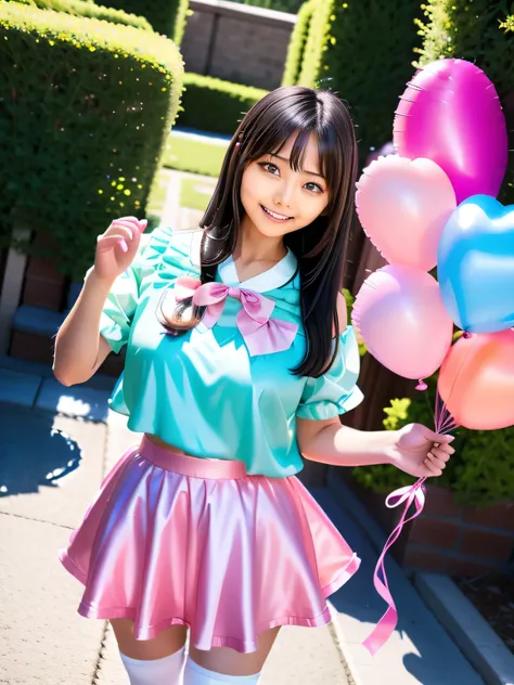 A young woman is holding pastel colored heart shaped balloons, She is wearing a pastel colored silk blouse, wearing Japanese , Japanese girl , Japanese , A young and cute gravure idol, Young Gravure Idol, Japanese model, cute , Wearing a skirt and knee-hig...