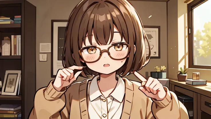 Brown cardigan、Glasses、Brown short hair、Yellow Room、1girl