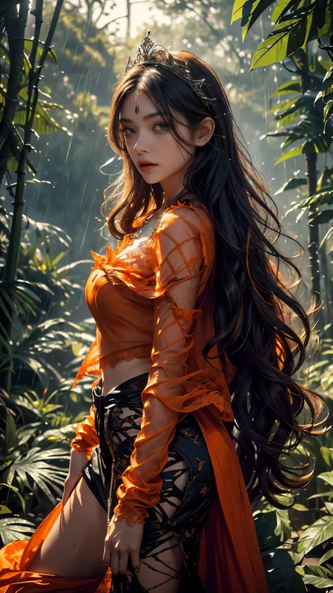 Top quality, masterpiece, ultra high definition, Original photo, 1 Girl, ((mesh sardine)), cinematic lighting, very long hair, detailed eyes, wind, necklace, piercing, ((torn clothing)), ((mesh clothing)), (((orange clothing))), ((soft lace)), ((wavy cape)...