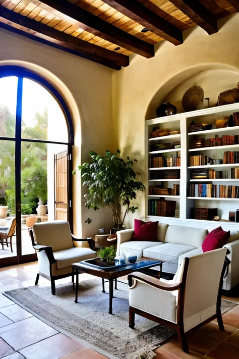 A Mediterranean-style villa interior with a warm and inviting atmosphere, featuring traditional stucco walls and arched doorways. The living room boasts terracotta tiled floors and wooden ceiling beams that create a rustic charm. The furniture is rich and ...