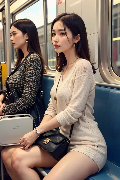 ((Realistic, 8k, Top Quality, Masterpiece: 2.0, Best Quality, Illustration, Ultra-detailed, finely detail, high resolution, 8K Wallpaper, Perfect dynamic composition, Beautiful detailed face)),(office casual clothes with one handbag:1.6), Natural Color Lip...