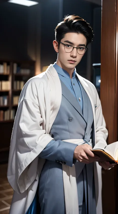 A man wear suit, muscle, well-built body, blue color eyes, sharp eyebrows, side part hairstyle, short hair, dutch angle, standing, holding a book, spectacles, indoor, library, looking at viewer, realistic, 32k uhd, masterpiece, ultra high, a Chinese, hands...