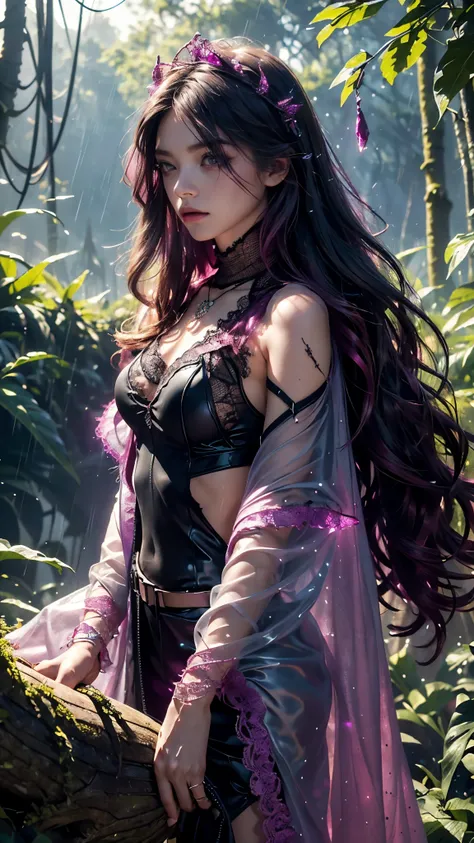 Top quality, masterpiece, ultra high definition, Original photo, 1 Girl, ((mesh sardine)), cinematic lighting, very long hair, detailed eyes, wind, necklace, piercing, ((torn clothing)), ((mesh clothing)), (((magenta clothing))), ((soft lace)), ((wavy cape...