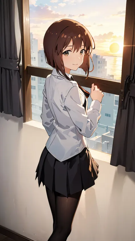 girl standing by the window in the classroom, 1 girl, yukiho hagiwara, brown short hair, break, (school uniform, white shirt, bl...