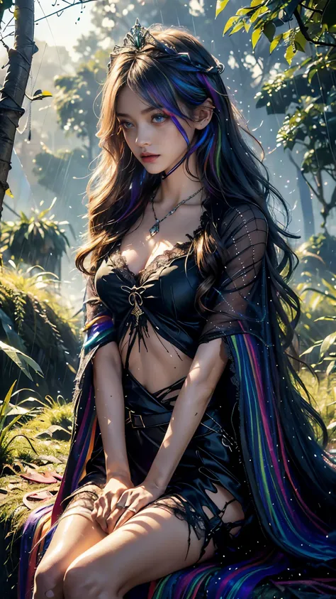 Top quality, masterpiece, ultra high definition, Original photo, 1 Girl, ((mesh sardine)), cinematic lighting, very long hair, detailed eyes, wind, necklace, piercing, ((torn clothing)), ((mesh clothing)), (((rainbow clothing))), ((soft lace)), ((wavy cape...