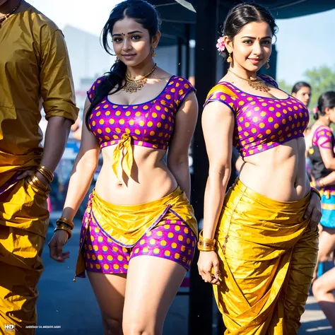 HD wallpaper 32k cinematic shoot of a Beautiful cute Indian girl, with thick thighs and a curvy waist, wearing an Indian blouse top, standing in a market
