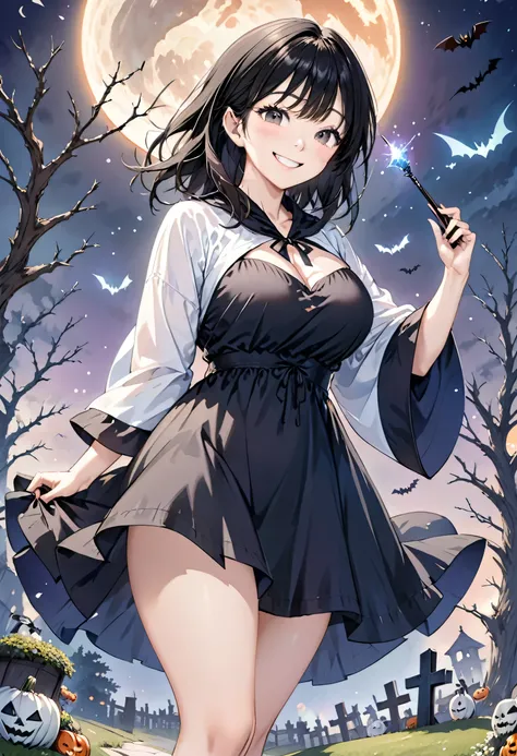 thin、cute、One Woman、Long black hair, Large Breasts、(((Big smile)))、Anatomically correct, （A night with a big moon、The border of a mysterious atmosphere、Dead Tree、Bats flying、Cemetery、）( Halloween:1.2),((wearing a black wizards costume、wearing a black wizar...