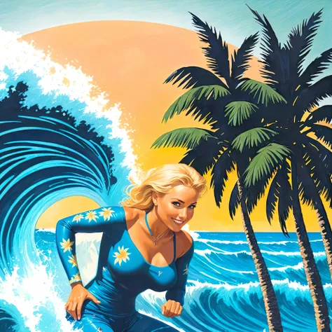 surfer in blue wetsuit riding a wave with palm trees, inspired by Tim Doyle, jen bartel, by Tim Doyle, by Tim Hildebrandt, style of tim hildebrandt, inspired by Mort Künstler, cover of surfer magazine, by Tim and Greg Hildebrandt, by Howard Lyon, laurent d...