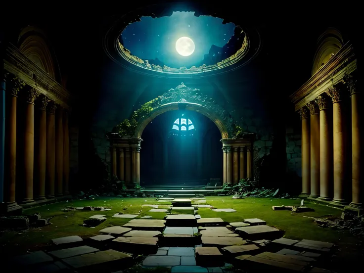 ((Best Quality)), ((masterpiece)), (detailed), The moonlight shines in　Inside the old ruins　Crumbly　Hole in the ceiling　Moonlight through the hole　　altar　altarの前に泉　Candles on the floor　