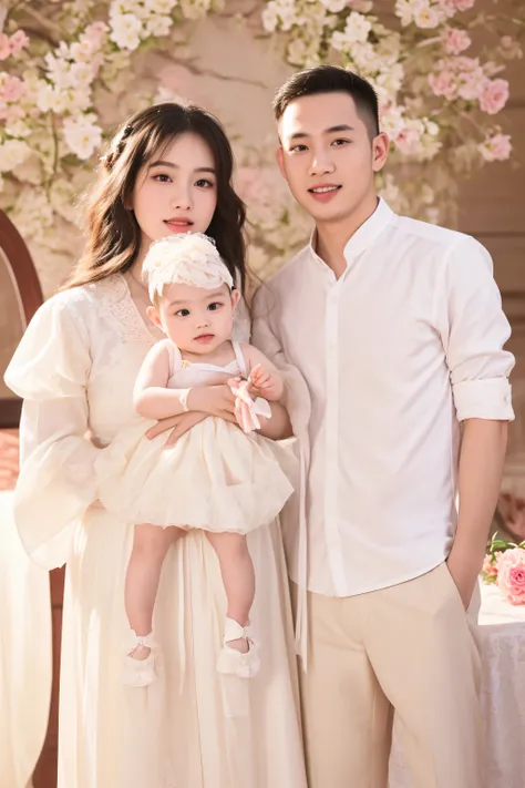 there is a man and woman holding a baby in a wedding photo, happy family, husband wife and son, family photography, 60mm portrait, portrait image, portrait of family of three, 7 0 mm portrait, 🤬 🤮 💕 🎀, family, barong family, happy birthday, maternal photog...