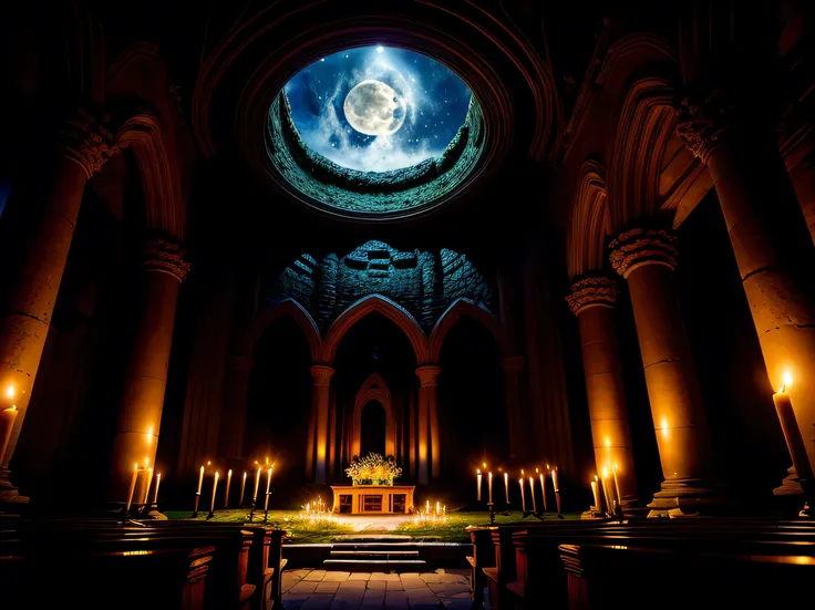 ((Best Quality)), ((masterpiece)), (detailed), Inside the ruins　Hole in the ceiling　Moonlight through the hole　altar　altarの前に泉　Candles on the floor　