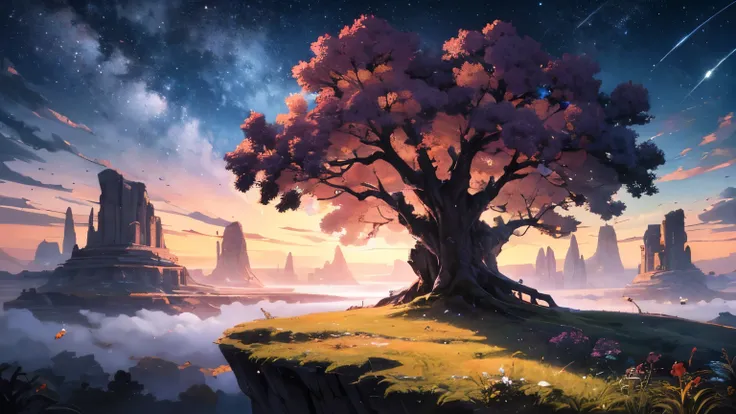 The image represents a, Landscape from another world, set in a fantasy atmosphere of wonder and magic BREAK ,In the centre of the image stands an impressive world tree., rising into the clouds and reaching the heavens,Its trunk is massive and gnarled., wit...