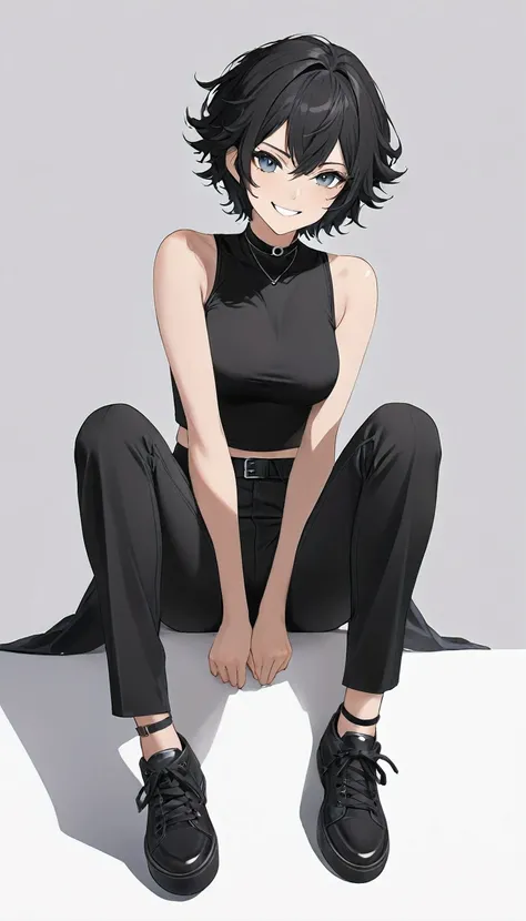 High-resolution anime digital art, Masterpiece, full body, tomboy, mature, sexy, smart, wolf-cut hair style color pitch black, real detail black colours eyes pupil, Top Crop tight black, black chokers, Sleeveless Shirt black, black pants, Sitting, smile fa...